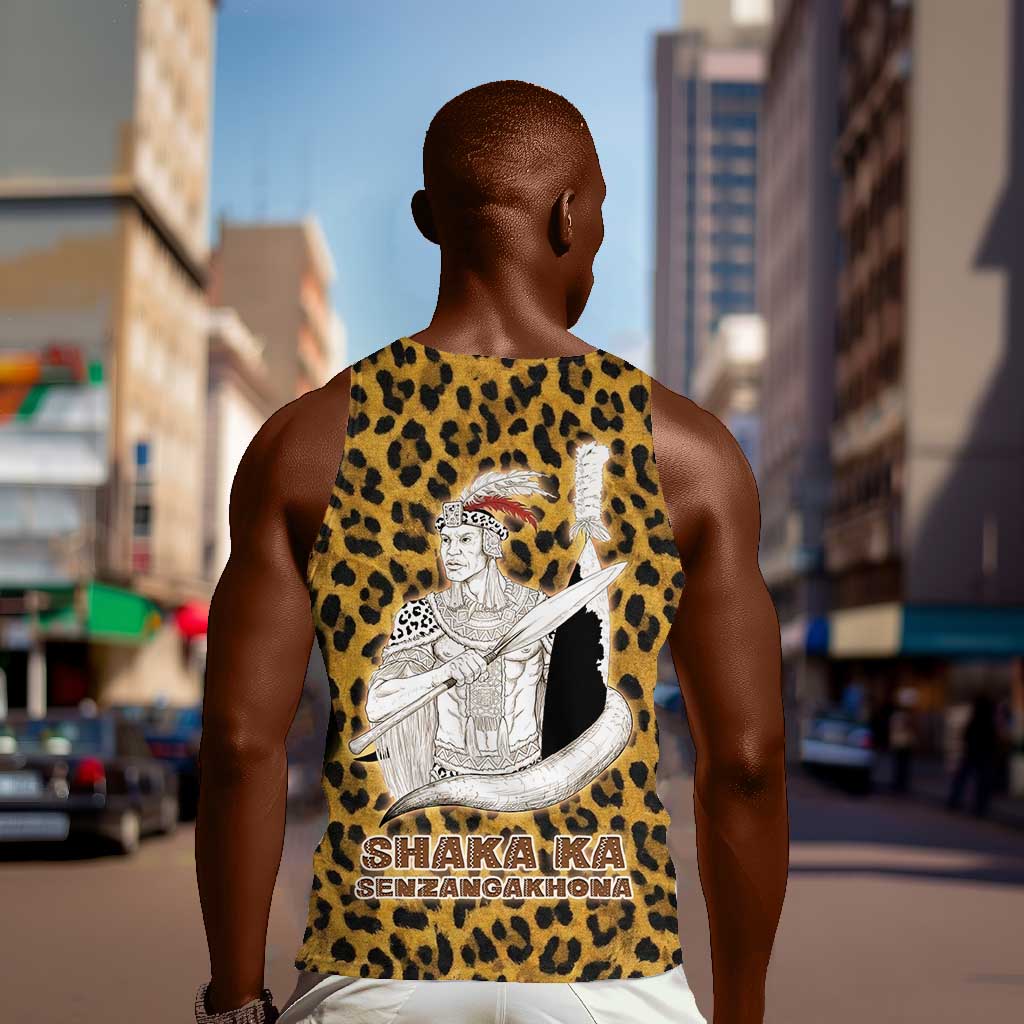 Shaka Zulu Men Tank Top Leopard Print Design Traditional Warrior Spear and Shield Illustration Tribal King - Wonder Print Shop