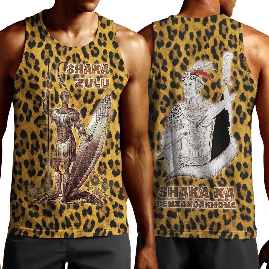 Shaka Zulu Men Tank Top Leopard Print Design Traditional Warrior Spear and Shield Illustration Tribal King - Wonder Print Shop