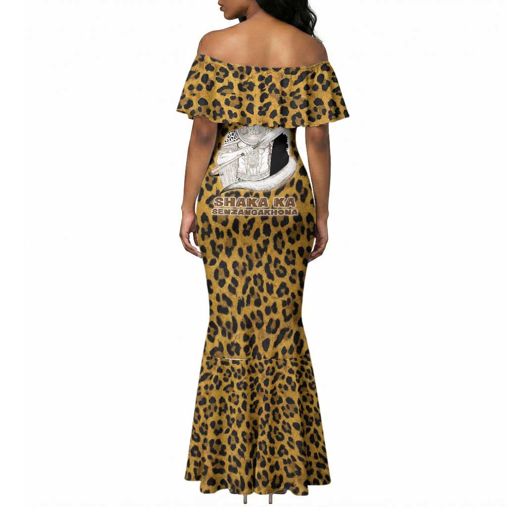 Shaka Zulu Mermaid Dress Leopard Print Design Traditional Warrior Spear and Shield Illustration Tribal King - Wonder Print Shop