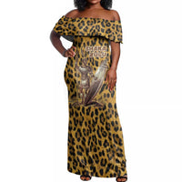 Shaka Zulu Off Shoulder Maxi Dress Leopard Print Design Traditional Warrior Spear and Shield Illustration Tribal King - Wonder Print Shop