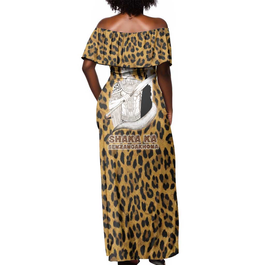 Shaka Zulu Off Shoulder Maxi Dress Leopard Print Design Traditional Warrior Spear and Shield Illustration Tribal King - Wonder Print Shop
