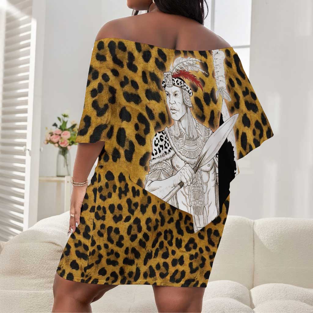 Shaka Zulu Off Shoulder Short Dress Leopard Print Design Traditional Warrior Spear and Shield Illustration Tribal King - Wonder Print Shop