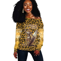 Shaka Zulu Off Shoulder Sweater Leopard Print Design Traditional Warrior Spear and Shield Illustration Tribal King - Wonder Print Shop