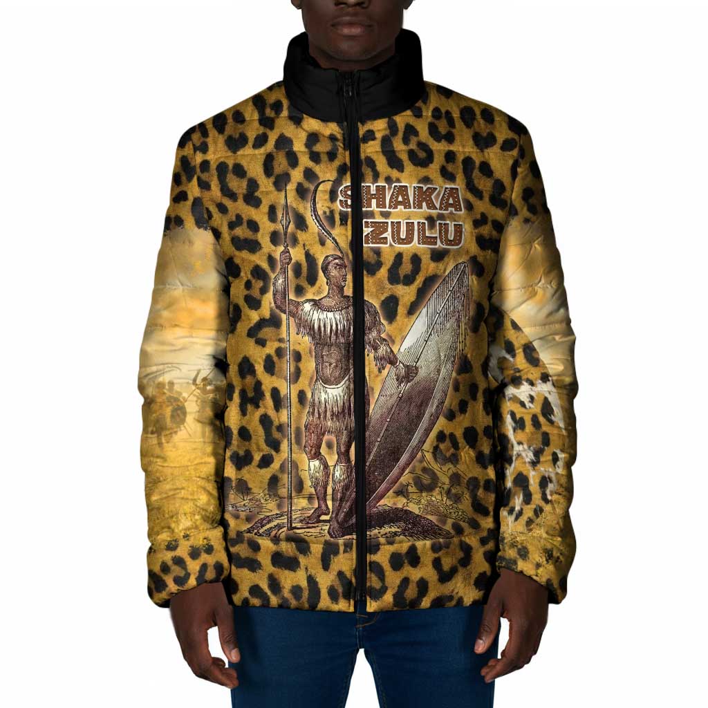 Shaka Zulu Padded Jacket Leopard Print Design Traditional Warrior Spear and Shield Illustration Tribal King - Wonder Print Shop