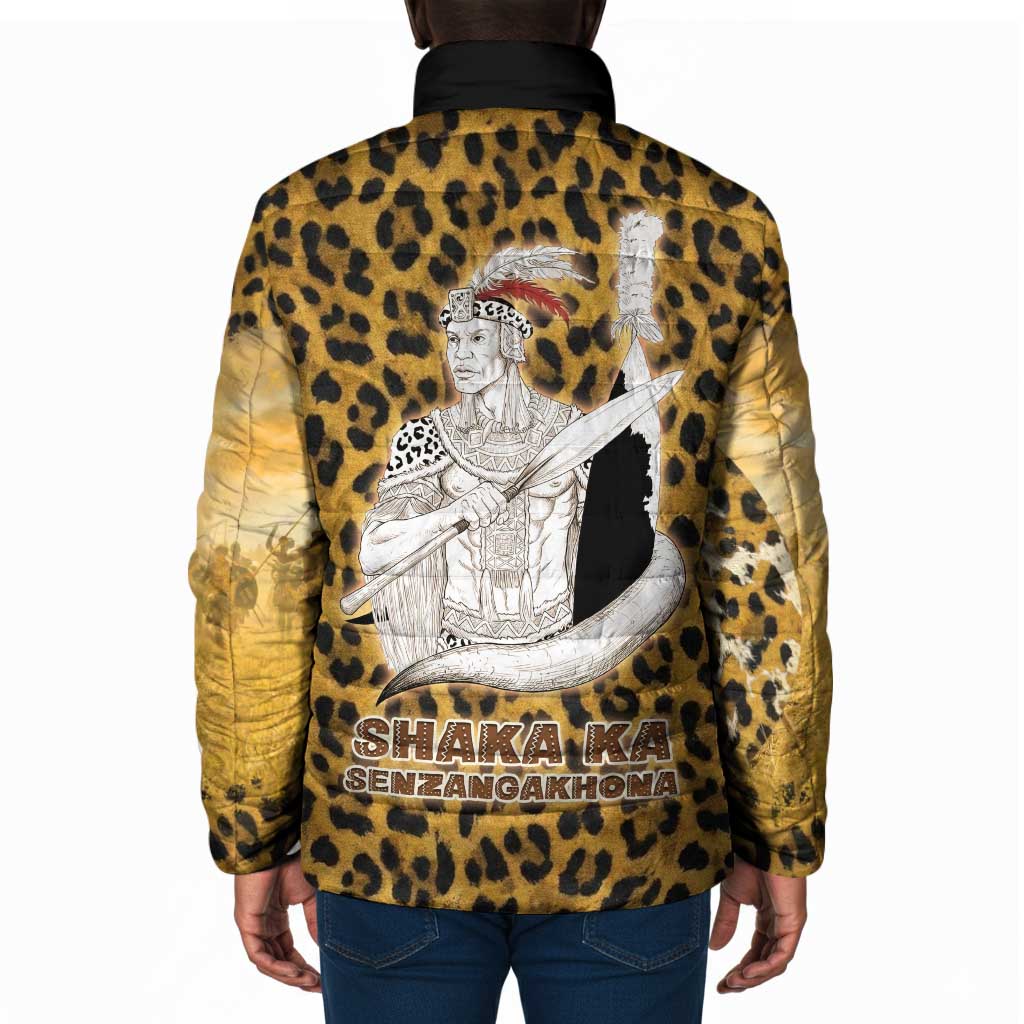 Shaka Zulu Padded Jacket Leopard Print Design Traditional Warrior Spear and Shield Illustration Tribal King - Wonder Print Shop