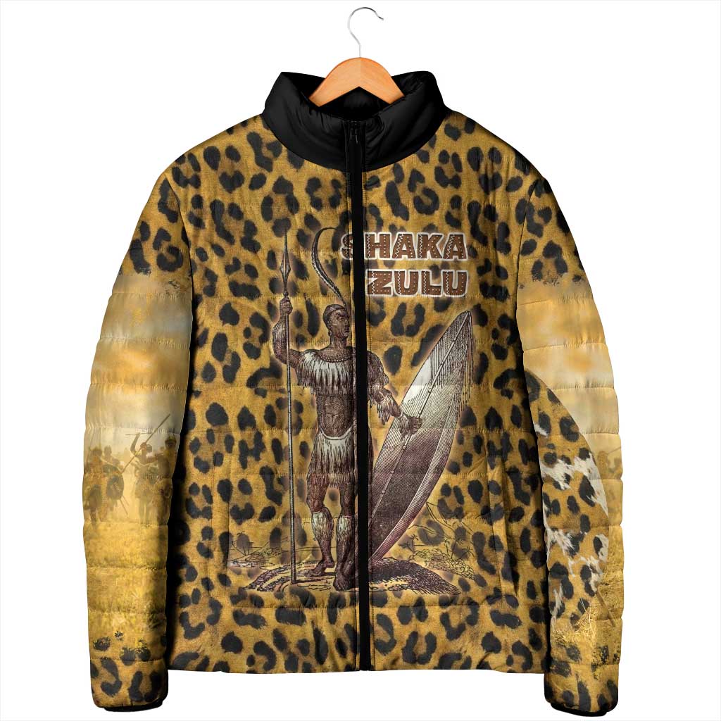 Shaka Zulu Padded Jacket Leopard Print Design Traditional Warrior Spear and Shield Illustration Tribal King - Wonder Print Shop