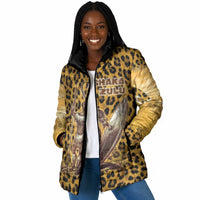 Shaka Zulu Padded Jacket Leopard Print Design Traditional Warrior Spear and Shield Illustration Tribal King - Wonder Print Shop