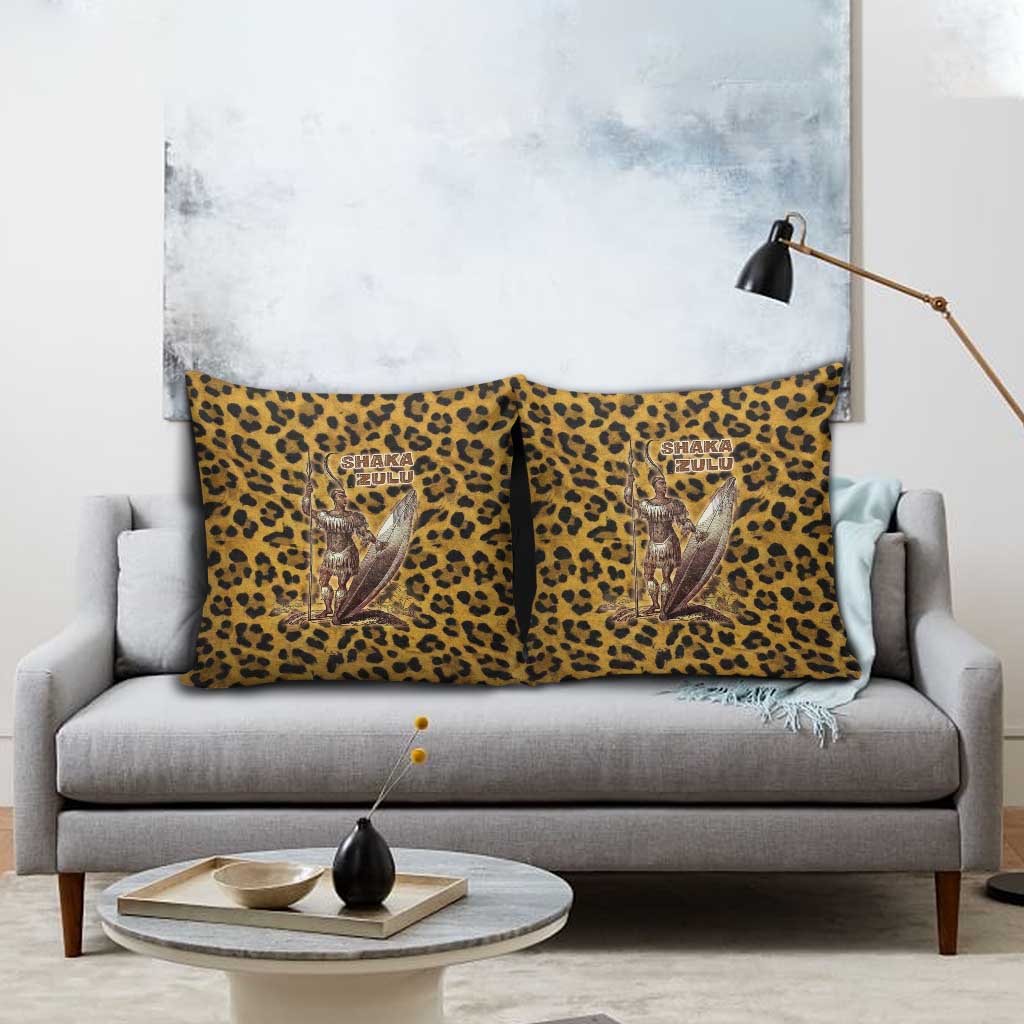 Shaka Zulu Pillow Cover Leopard Print Design Traditional Warrior Spear and Shield Illustration Tribal King - Wonder Print Shop