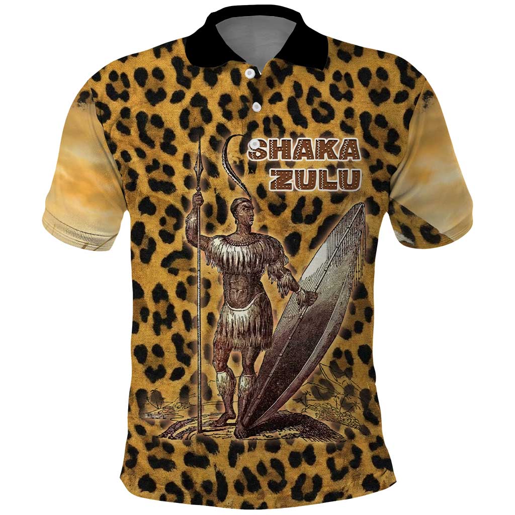 Shaka Zulu Polo Shirt Leopard Print Design Traditional Warrior Spear and Shield Illustration Tribal King - Wonder Print Shop