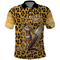 Shaka Zulu Polo Shirt Leopard Print Design Traditional Warrior Spear and Shield Illustration Tribal King - Wonder Print Shop