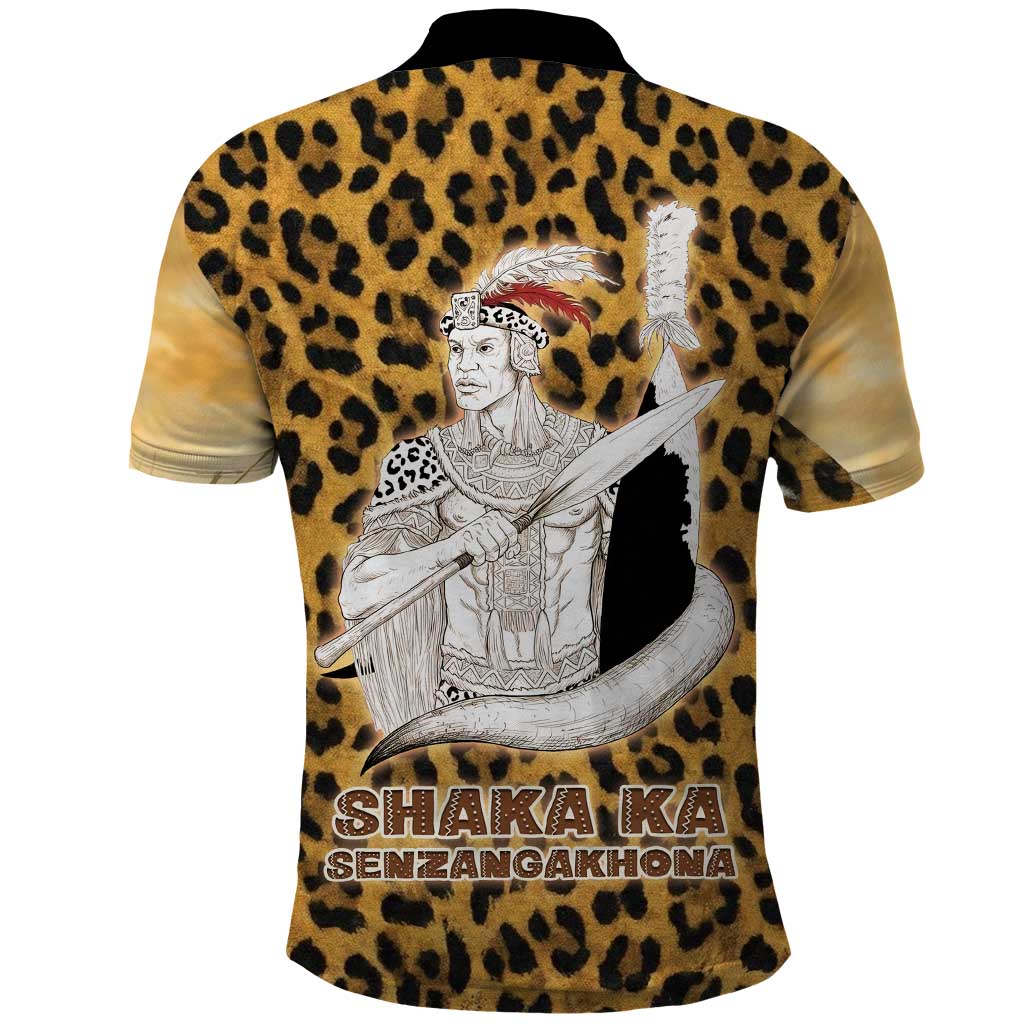 Shaka Zulu Polo Shirt Leopard Print Design Traditional Warrior Spear and Shield Illustration Tribal King - Wonder Print Shop
