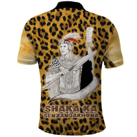 Shaka Zulu Polo Shirt Leopard Print Design Traditional Warrior Spear and Shield Illustration Tribal King - Wonder Print Shop