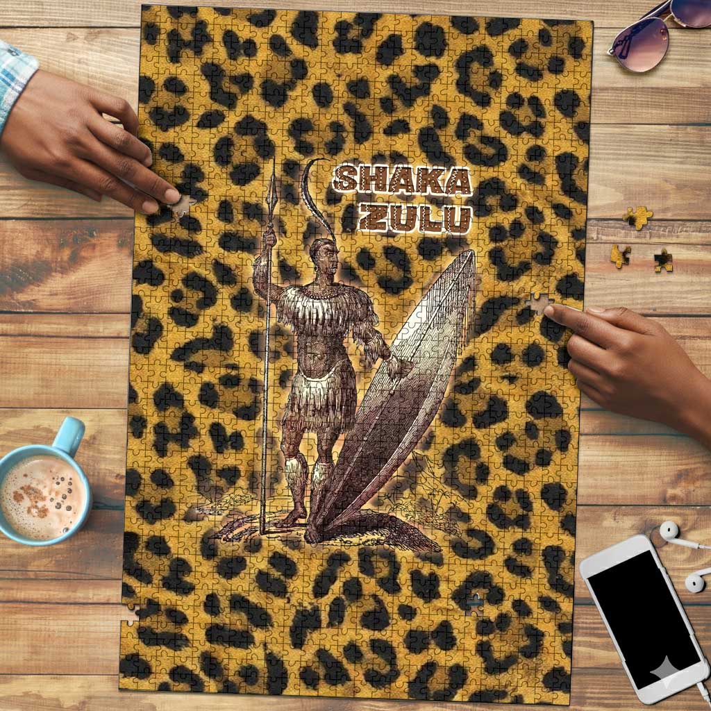 Shaka Zulu Puzzle Leopard Print Design Traditional Warrior Spear and Shield Illustration Tribal King - Wonder Print Shop