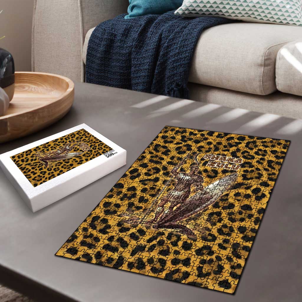 Shaka Zulu Puzzle Leopard Print Design Traditional Warrior Spear and Shield Illustration Tribal King - Wonder Print Shop