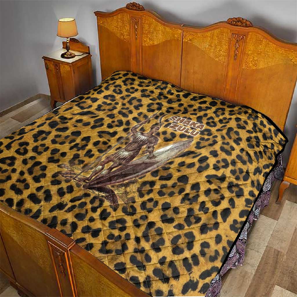 Shaka Zulu Quilt Leopard Print Design Traditional Warrior Spear and Shield Illustration Tribal King - Wonder Print Shop