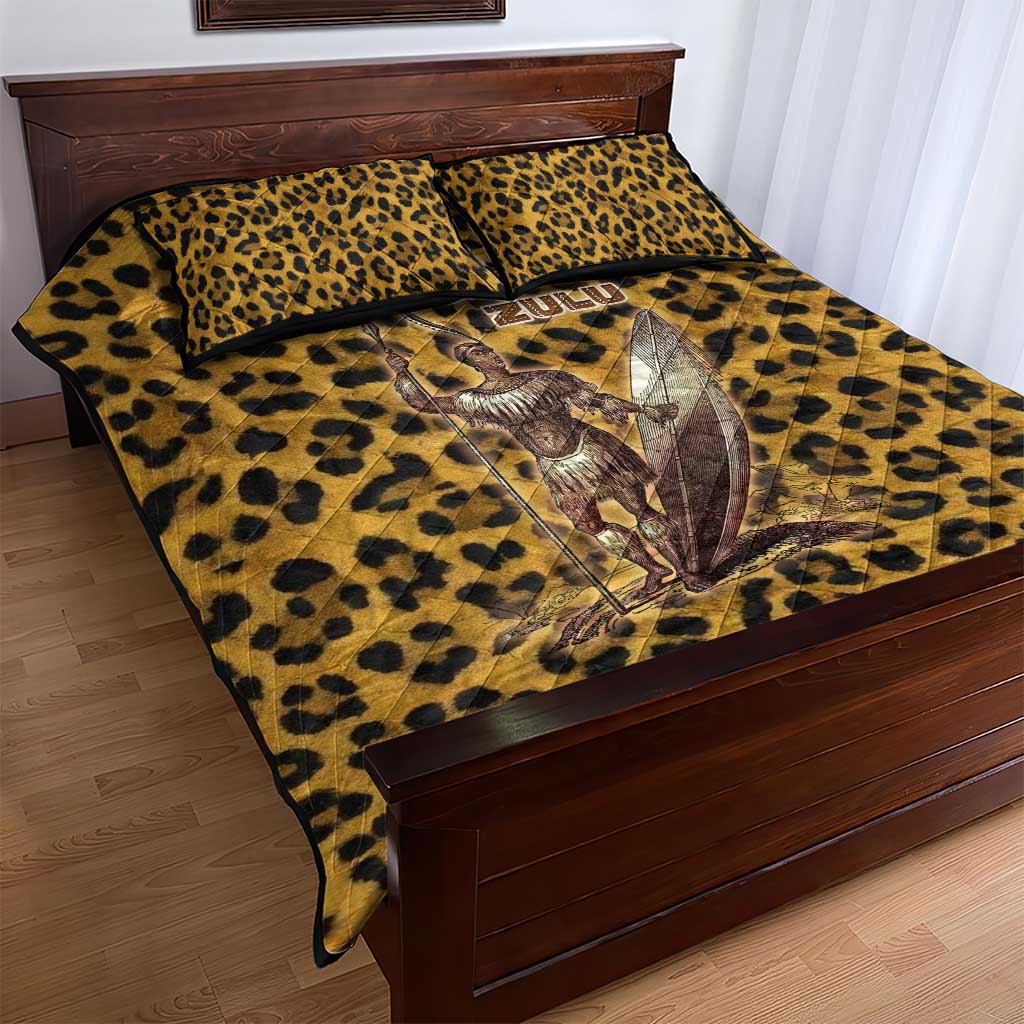 Shaka Zulu Quilt Bed Set Leopard Print Design Traditional Warrior Spear and Shield Illustration Tribal King - Wonder Print Shop