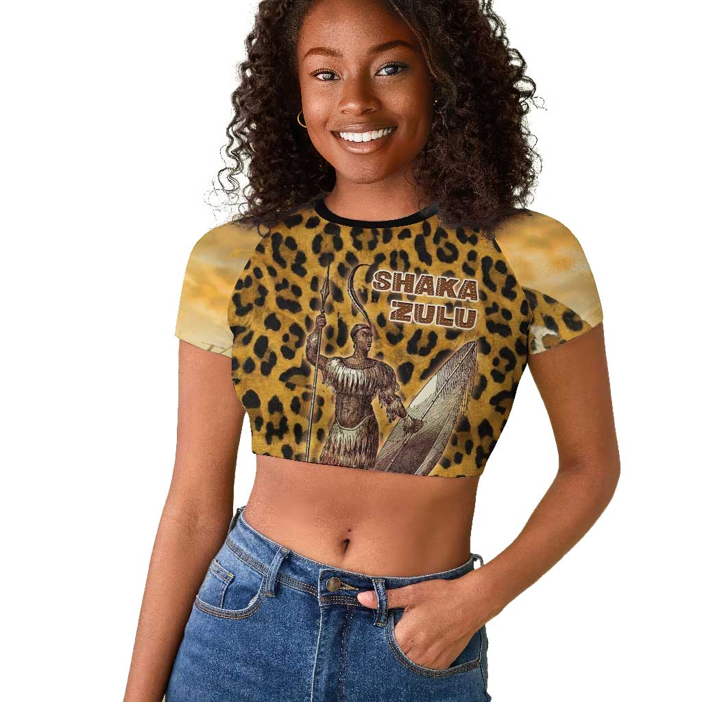Shaka Zulu Raglan Cropped T shirt Leopard Print Design Traditional Warrior Spear and Shield Illustration Tribal King - Wonder Print Shop