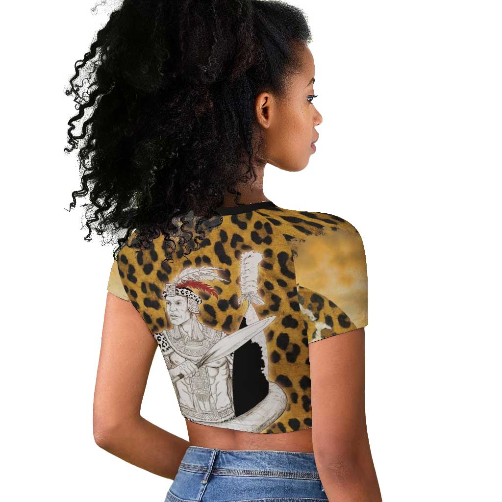 Shaka Zulu Raglan Cropped T shirt Leopard Print Design Traditional Warrior Spear and Shield Illustration Tribal King - Wonder Print Shop