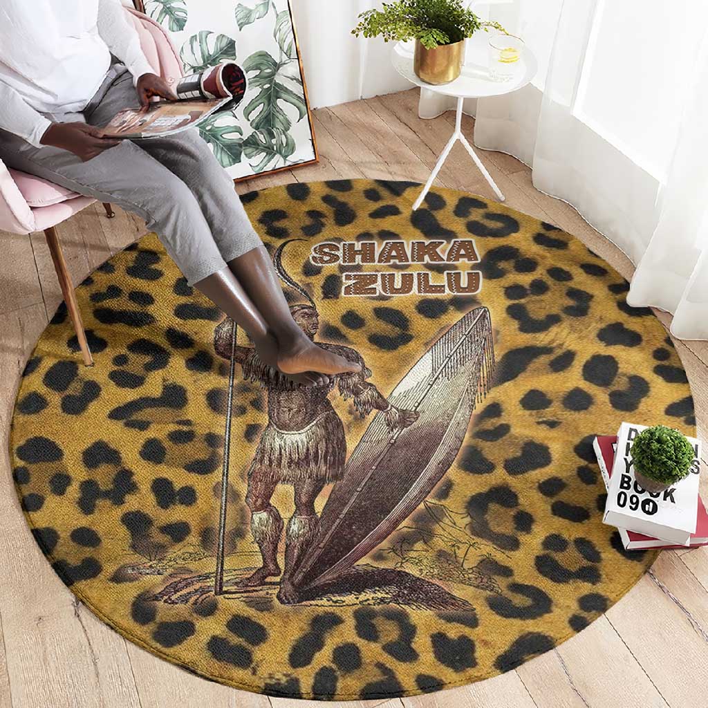Shaka Zulu Round Carpet Leopard Print Design Traditional Warrior Spear and Shield Illustration Tribal King - Wonder Print Shop