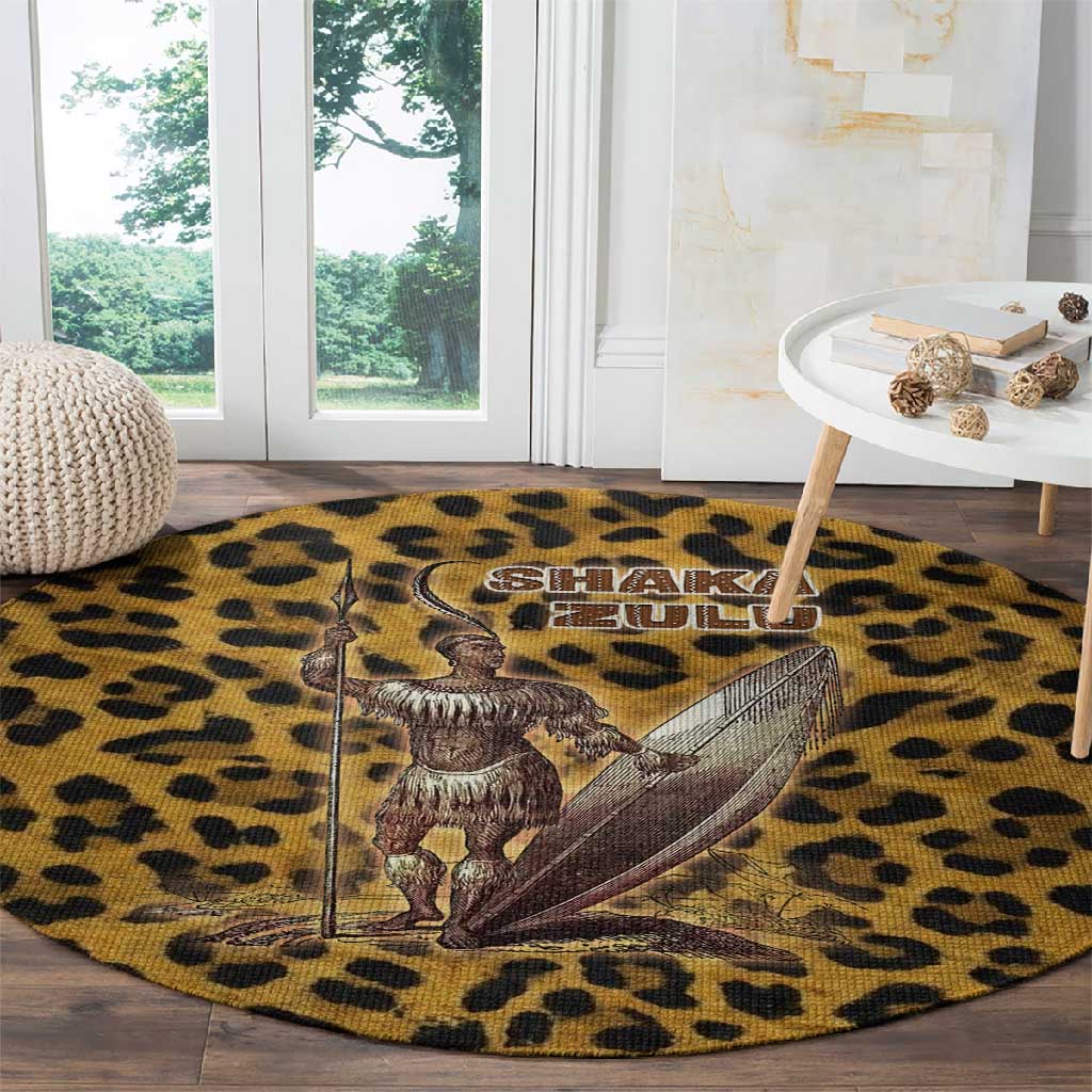 Shaka Zulu Round Carpet Leopard Print Design Traditional Warrior Spear and Shield Illustration Tribal King - Wonder Print Shop