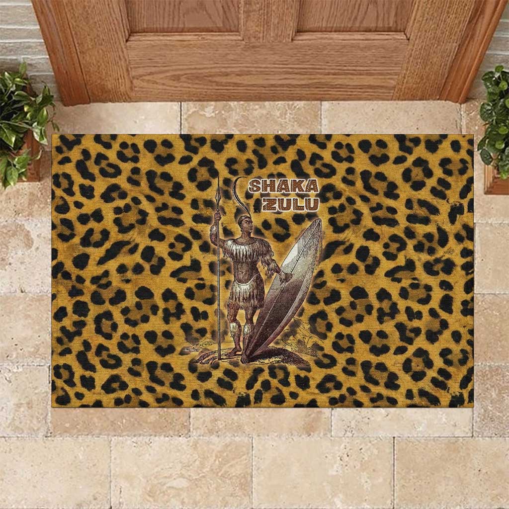 Shaka Zulu Rubber Doormat Leopard Print Design Traditional Warrior Spear and Shield Illustration Tribal King - Wonder Print Shop