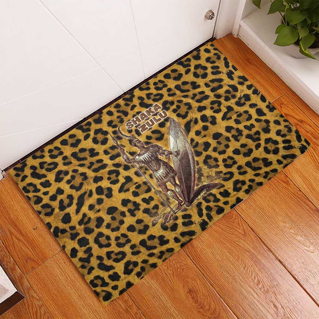 Shaka Zulu Rubber Doormat Leopard Print Design Traditional Warrior Spear and Shield Illustration Tribal King - Wonder Print Shop