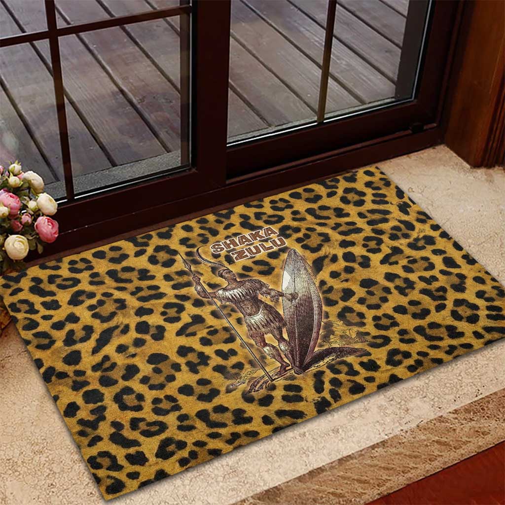 Shaka Zulu Rubber Doormat Leopard Print Design Traditional Warrior Spear and Shield Illustration Tribal King - Wonder Print Shop