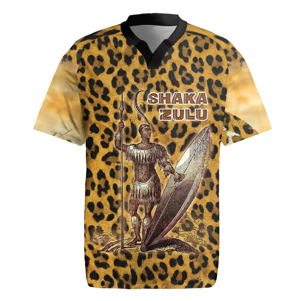Shaka Zulu Rugby Jersey Leopard Print Design Traditional Warrior Spear and Shield Illustration Tribal King - Wonder Print Shop