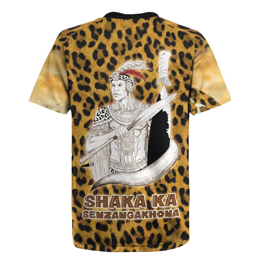 Shaka Zulu Rugby Jersey Leopard Print Design Traditional Warrior Spear and Shield Illustration Tribal King - Wonder Print Shop