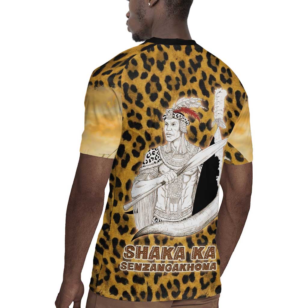 Shaka Zulu Rugby Jersey Leopard Print Design Traditional Warrior Spear and Shield Illustration Tribal King - Wonder Print Shop