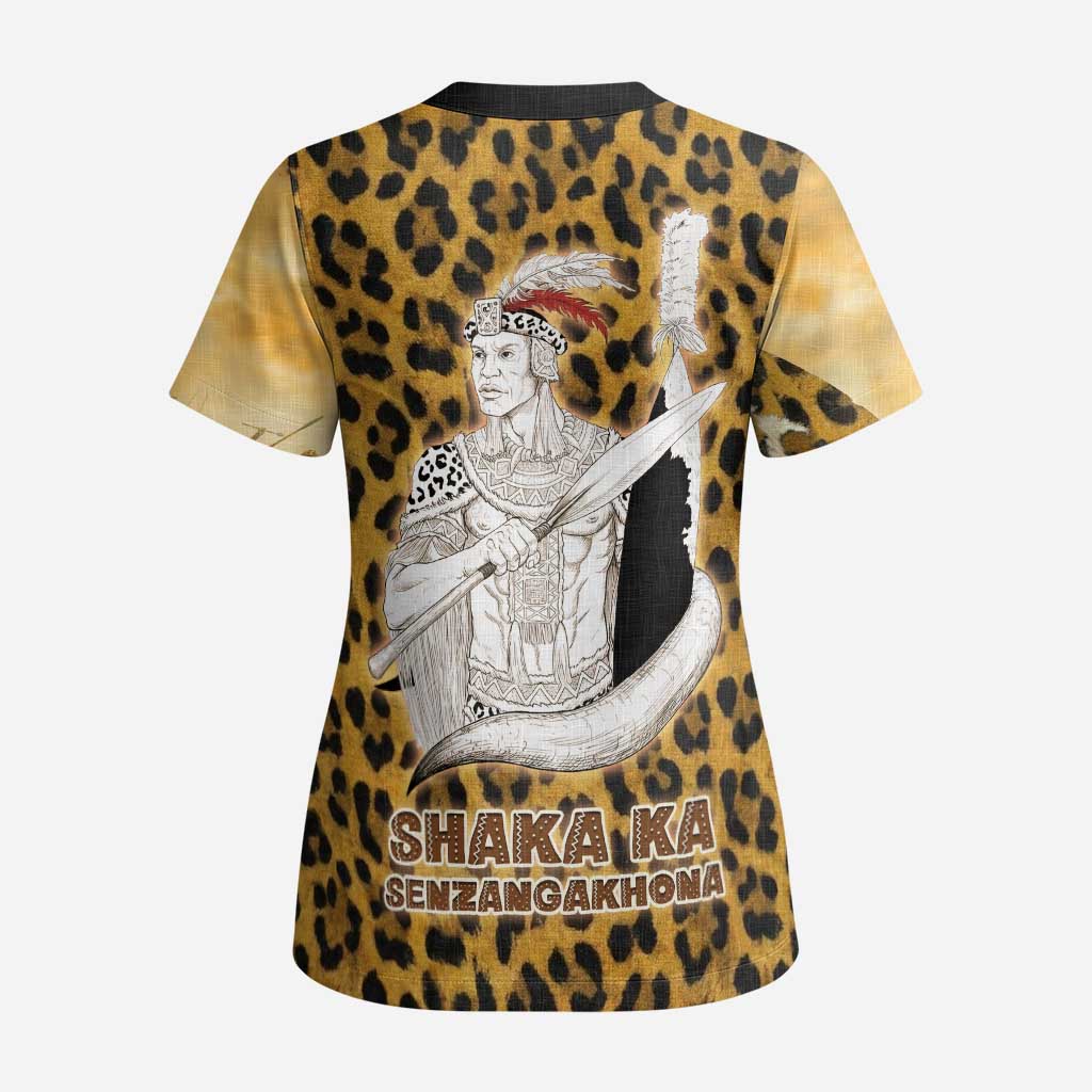 Shaka Zulu Scrub Top Leopard Print Design Traditional Warrior Spear and Shield Illustration Tribal King - Wonder Print Shop