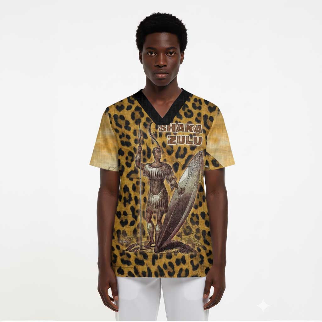 Shaka Zulu Scrub Top Leopard Print Design Traditional Warrior Spear and Shield Illustration Tribal King - Wonder Print Shop