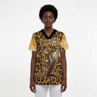 Shaka Zulu Scrub Top Leopard Print Design Traditional Warrior Spear and Shield Illustration Tribal King - Wonder Print Shop