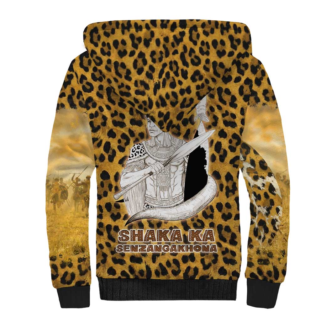 Shaka Zulu Sherpa Hoodie Leopard Print Design Traditional Warrior Spear and Shield Illustration Tribal King - Wonder Print Shop