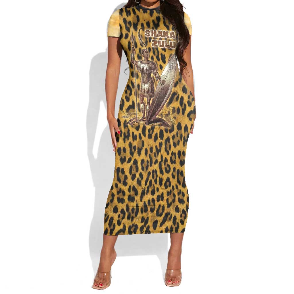 Shaka Zulu Short Sleeve Bodycon Dress Leopard Print Design Traditional Warrior Spear and Shield Illustration Tribal King - Wonder Print Shop