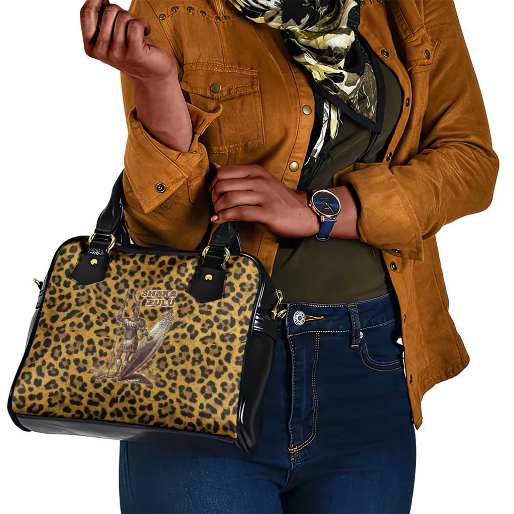 Shaka Zulu Shoulder Handbag Leopard Print Design Traditional Warrior Spear and Shield Illustration Tribal King - Wonder Print Shop
