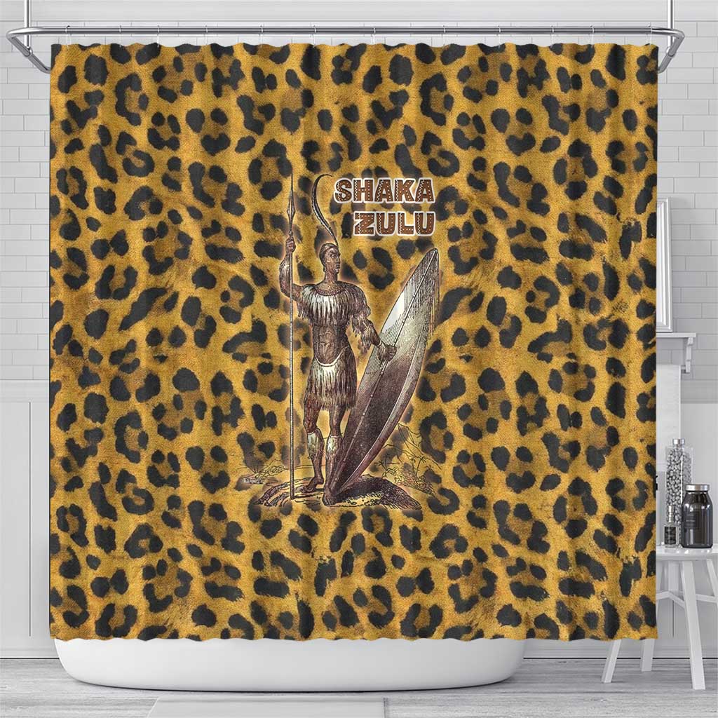 Shaka Zulu Shower Curtain Leopard Print Design Traditional Warrior Spear and Shield Illustration Tribal King - Wonder Print Shop
