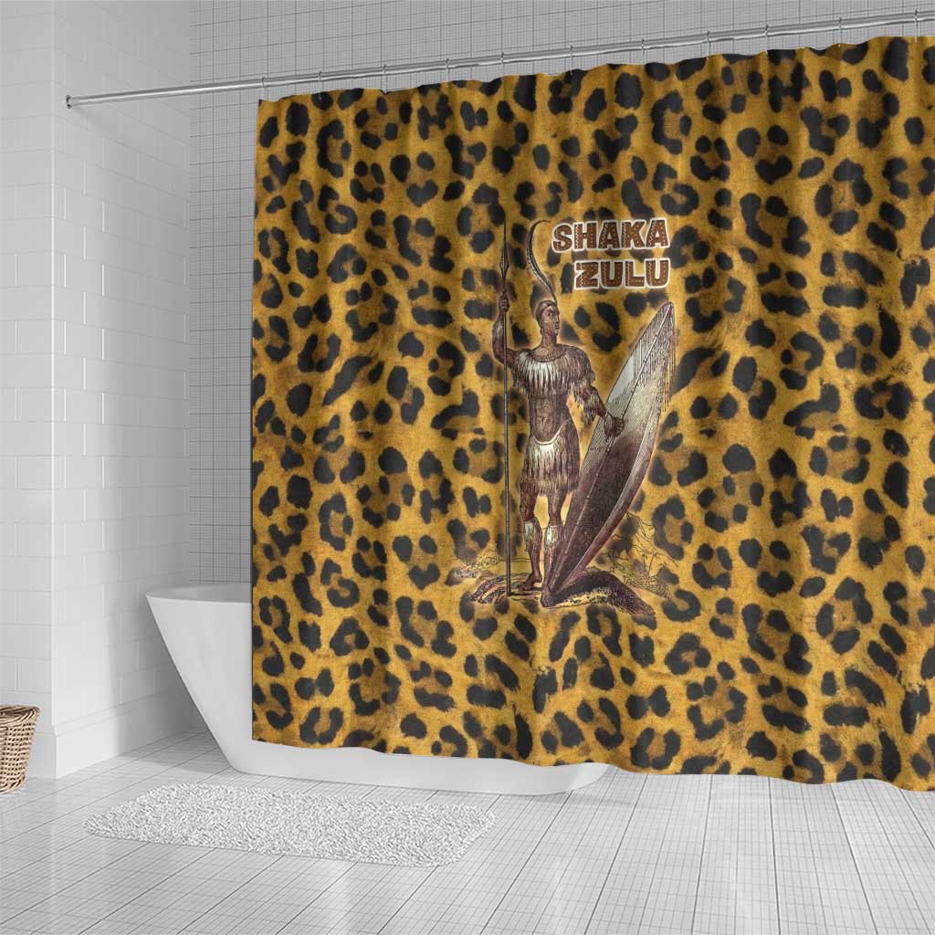 Shaka Zulu Shower Curtain Leopard Print Design Traditional Warrior Spear and Shield Illustration Tribal King - Wonder Print Shop