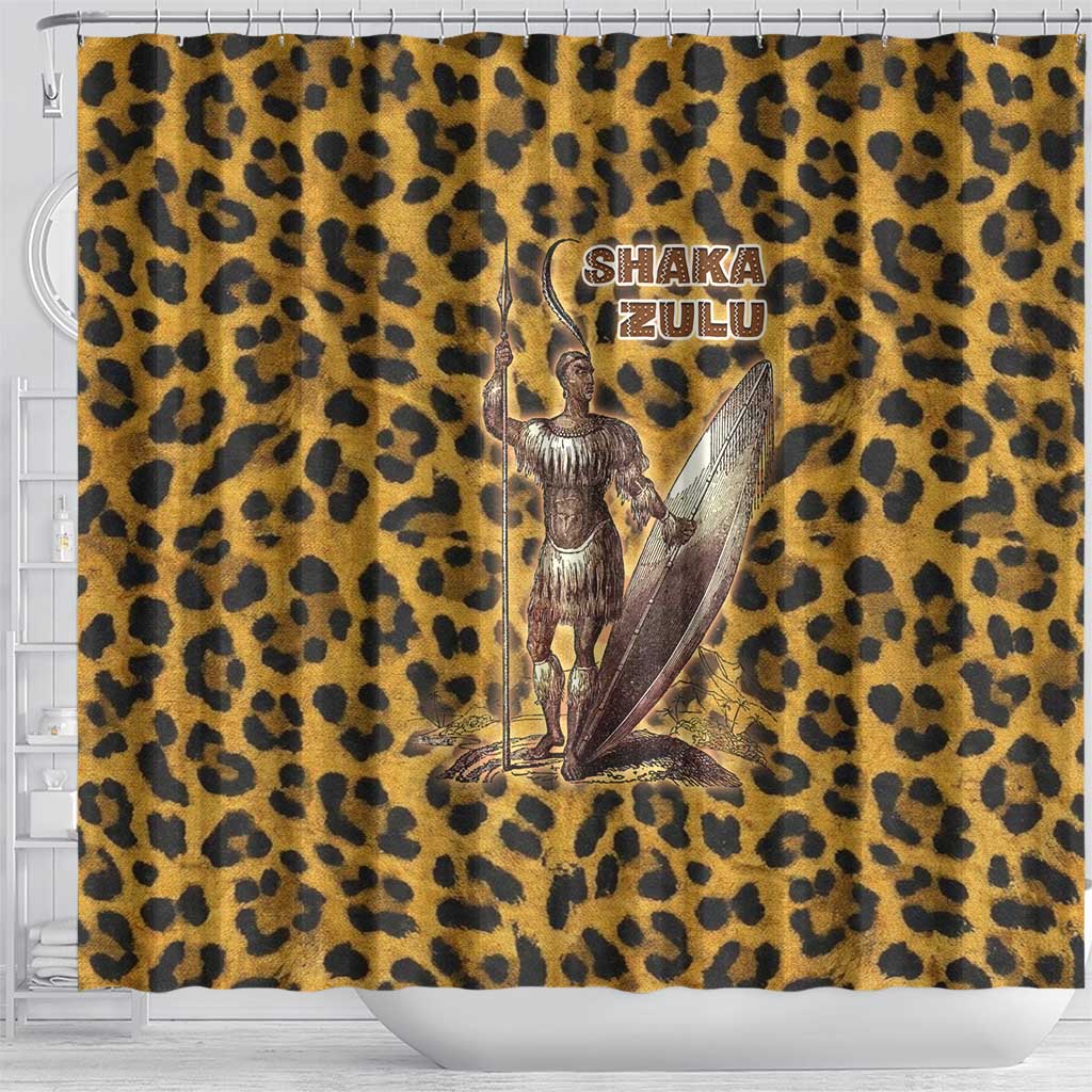 Shaka Zulu Shower Curtain Leopard Print Design Traditional Warrior Spear and Shield Illustration Tribal King - Wonder Print Shop