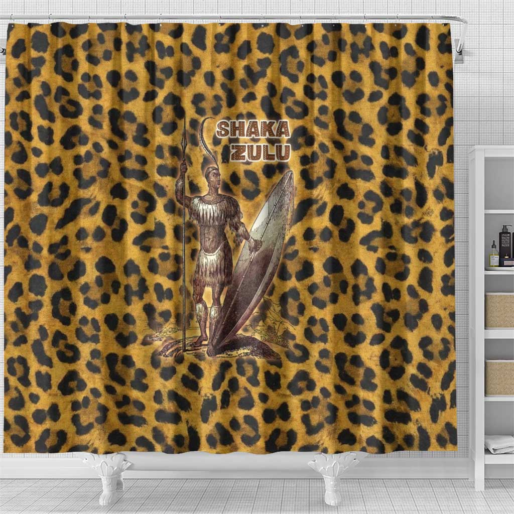 Shaka Zulu Shower Curtain Leopard Print Design Traditional Warrior Spear and Shield Illustration Tribal King - Wonder Print Shop