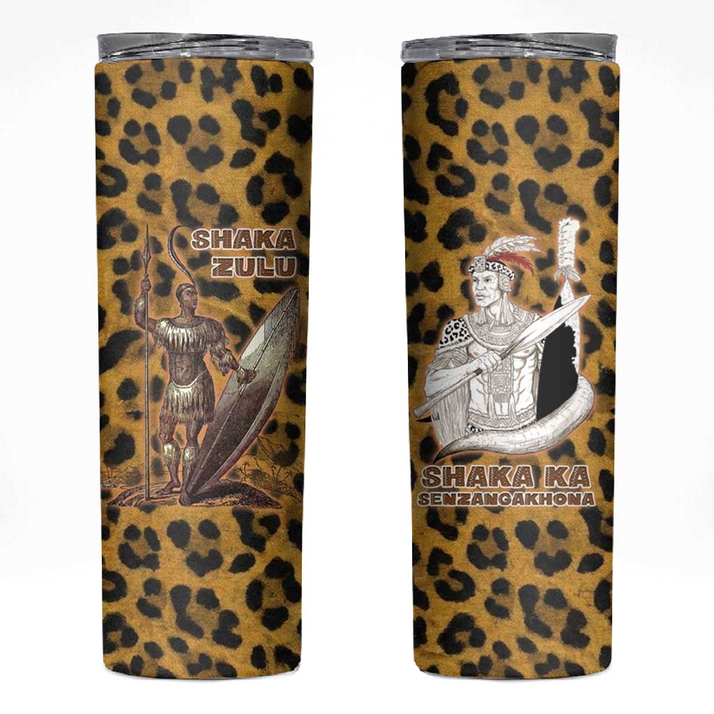 Shaka Zulu Skinny Tumbler Leopard Print Design Traditional Warrior Spear and Shield Illustration Tribal King - Wonder Print Shop