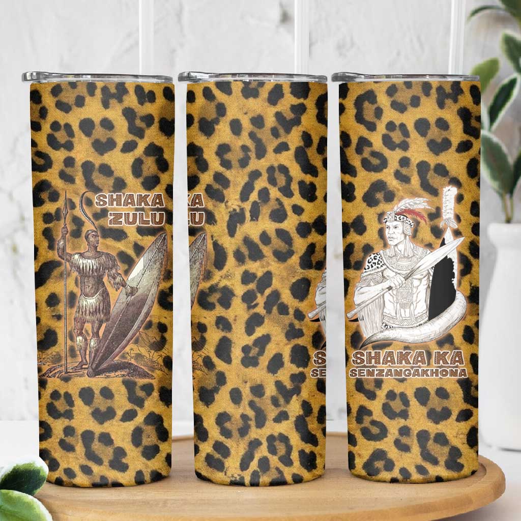Shaka Zulu Skinny Tumbler Leopard Print Design Traditional Warrior Spear and Shield Illustration Tribal King - Wonder Print Shop