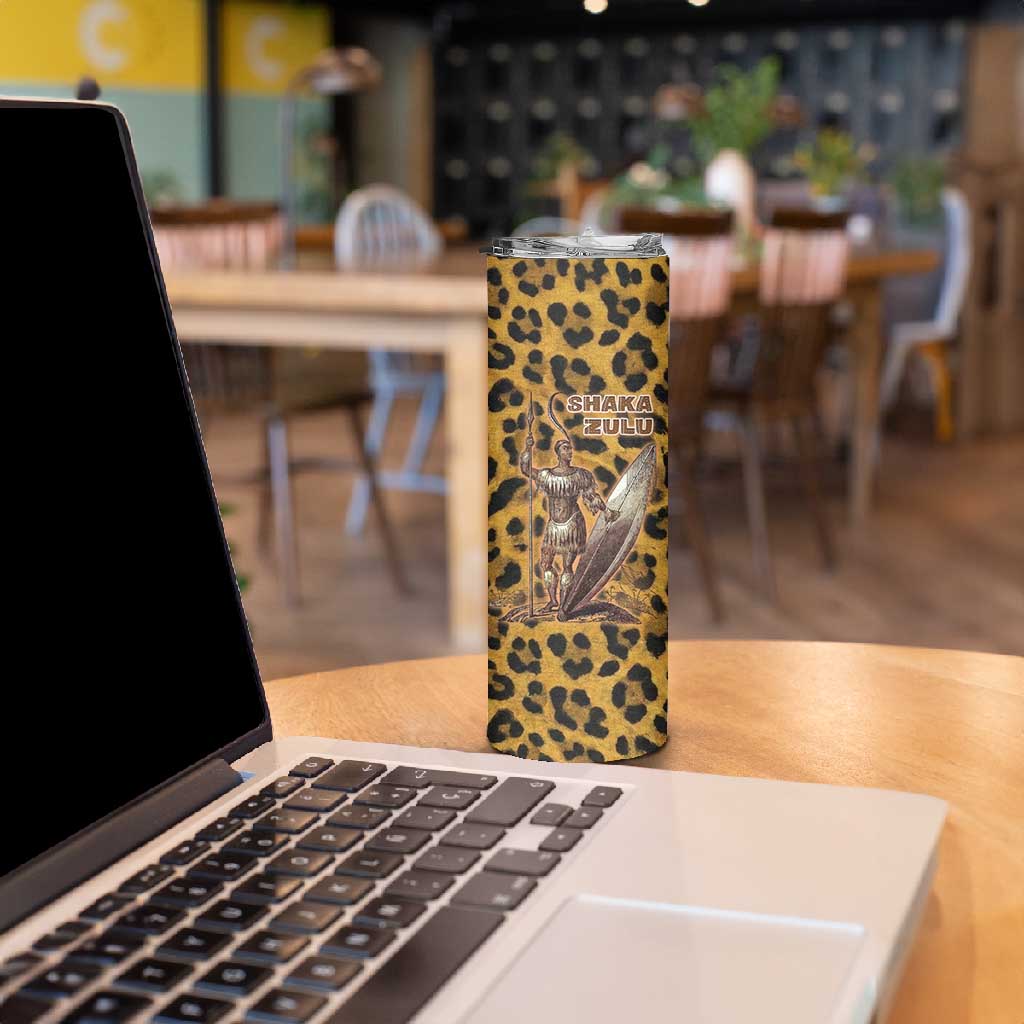 Shaka Zulu Skinny Tumbler Leopard Print Design Traditional Warrior Spear and Shield Illustration Tribal King - Wonder Print Shop