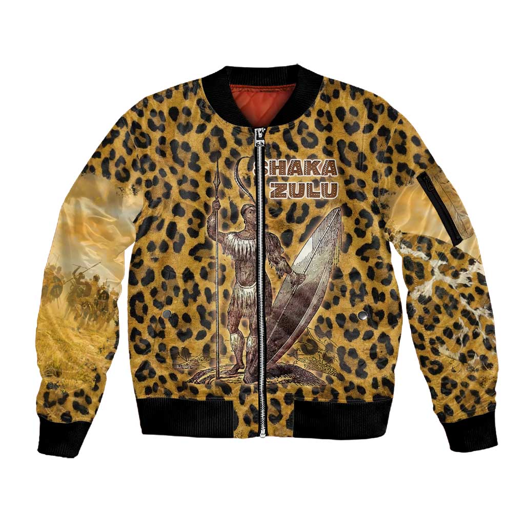 Shaka Zulu Sleeve Zip Bomber Jacket Leopard Print Design Traditional Warrior Spear and Shield Illustration Tribal King - Wonder Print Shop