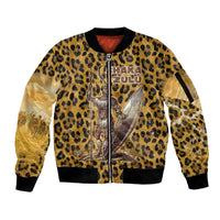 Shaka Zulu Sleeve Zip Bomber Jacket Leopard Print Design Traditional Warrior Spear and Shield Illustration Tribal King - Wonder Print Shop