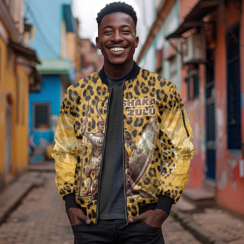 Shaka Zulu Sleeve Zip Bomber Jacket Leopard Print Design Traditional Warrior Spear and Shield Illustration Tribal King - Wonder Print Shop