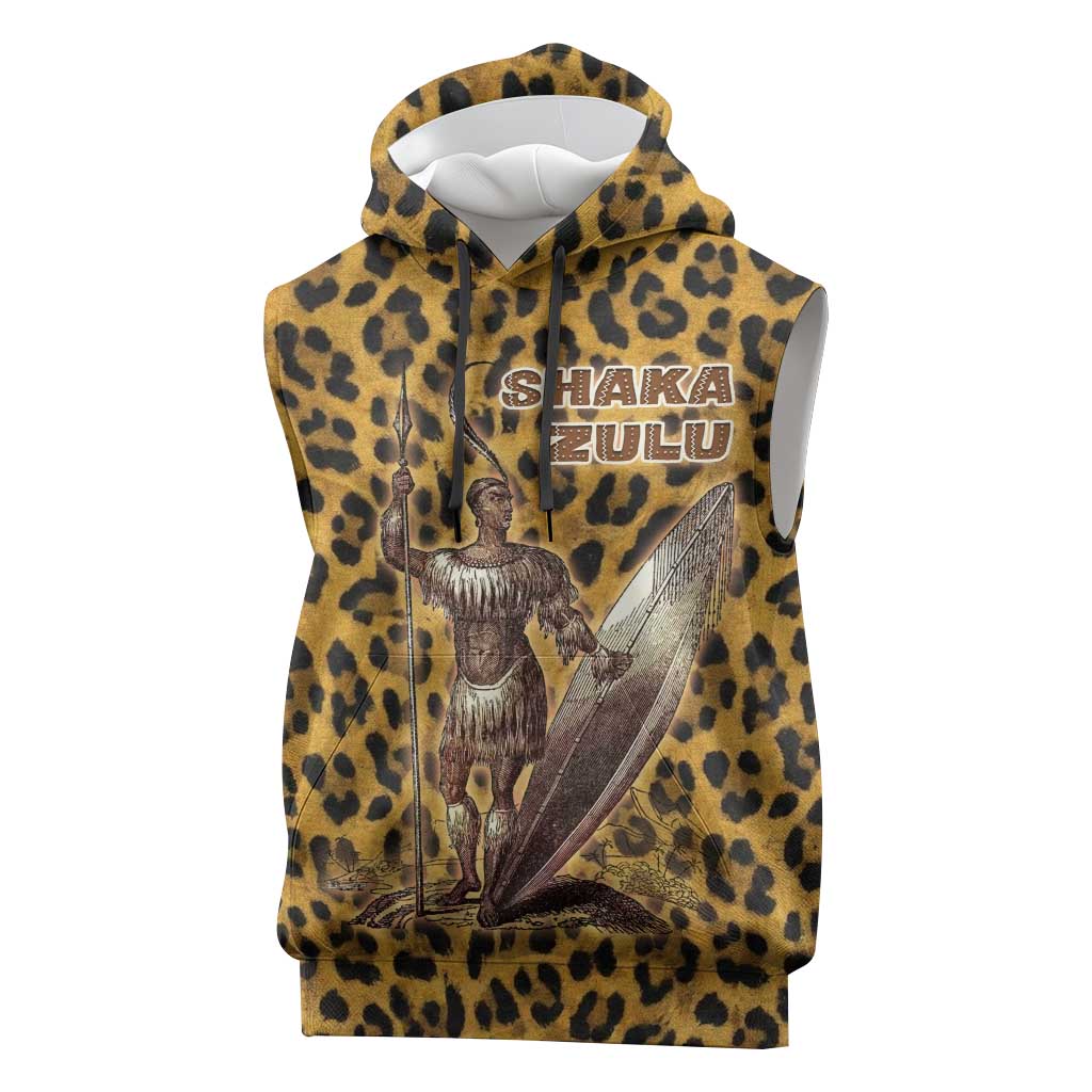Shaka Zulu Sleeveless Hoodie Leopard Print Design Traditional Warrior Spear and Shield Illustration Tribal King - Wonder Print Shop
