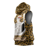 Shaka Zulu Sleeveless Hoodie Leopard Print Design Traditional Warrior Spear and Shield Illustration Tribal King - Wonder Print Shop