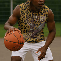Shaka Zulu Sleeveless Hoodie Leopard Print Design Traditional Warrior Spear and Shield Illustration Tribal King - Wonder Print Shop