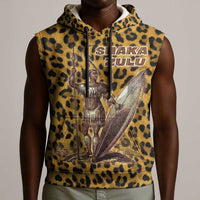 Shaka Zulu Sleeveless Hoodie Leopard Print Design Traditional Warrior Spear and Shield Illustration Tribal King - Wonder Print Shop